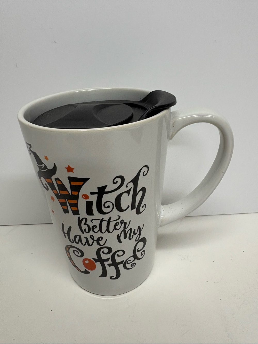 White Halloween 'Witch Better Have My Coffee' Ceramic Mug with Lid NWT